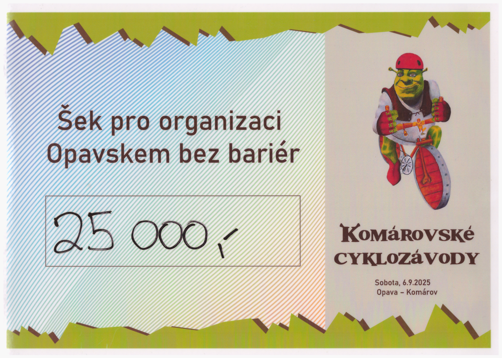 Dárcovský šek pro OPBB Opava. Děkujeme.